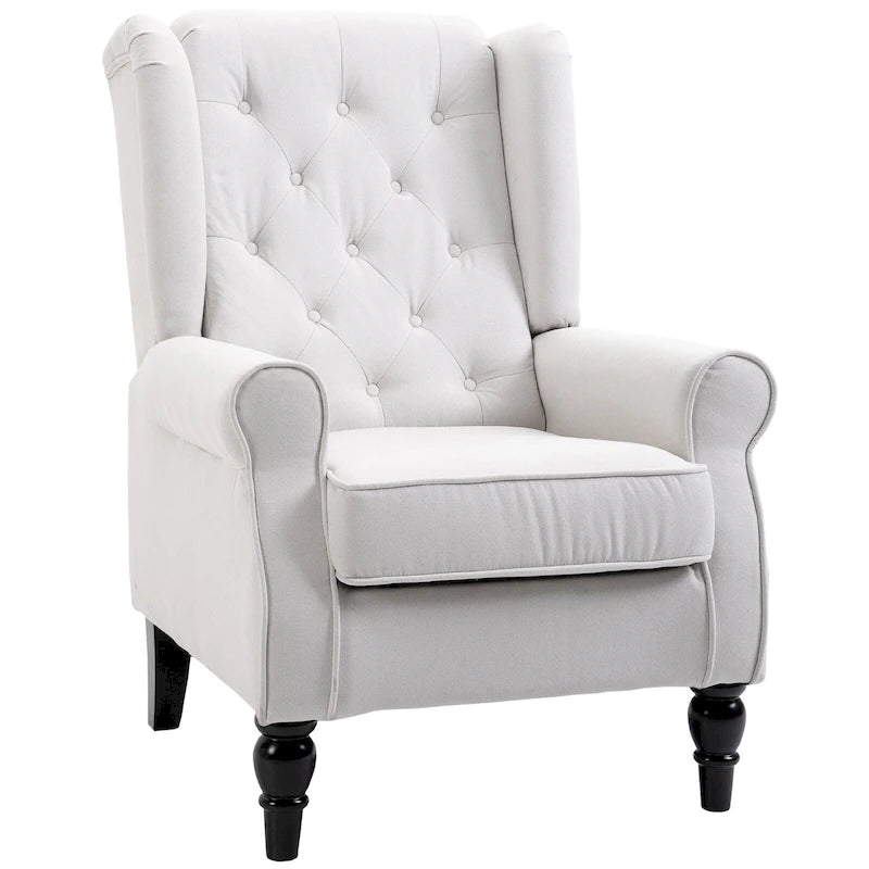 Sillón individual con respaldo alto, capitoné y botones, color blanco crema