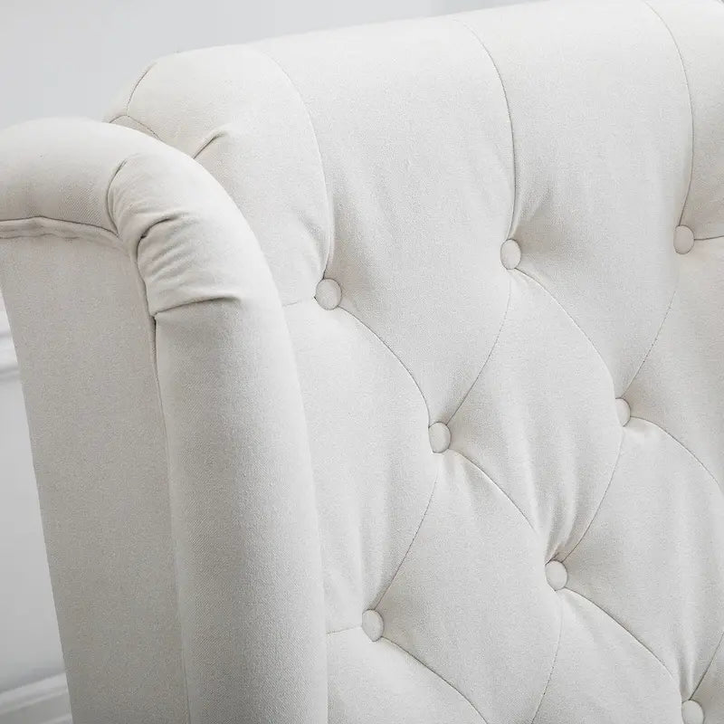 Sillón individual con respaldo alto, capitoné y botones, color blanco crema