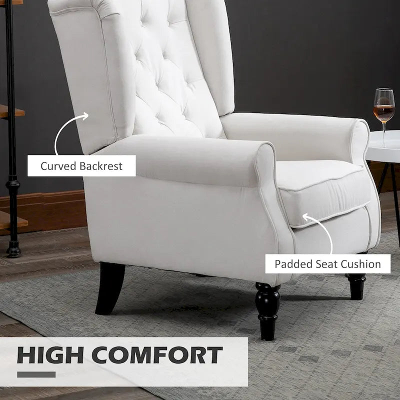 Sillón individual con respaldo alto, capitoné y botones, color blanco crema