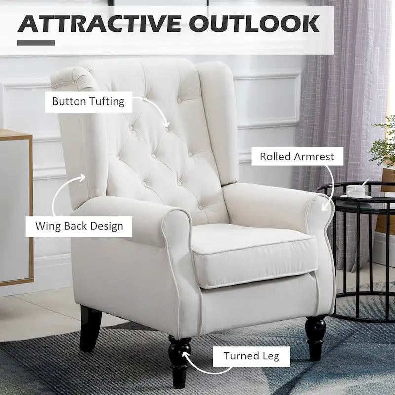 Sillón individual con respaldo alto, capitoné y botones, color blanco crema