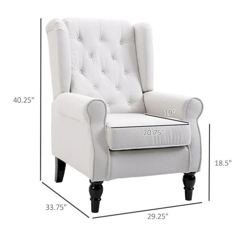 Sillón individual con respaldo alto, capitoné y botones, color blanco crema
