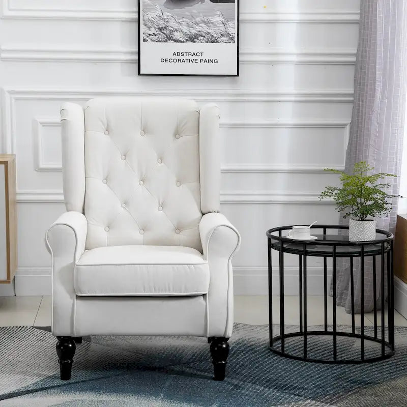Sillón individual con respaldo alto, capitoné y botones, color blanco crema