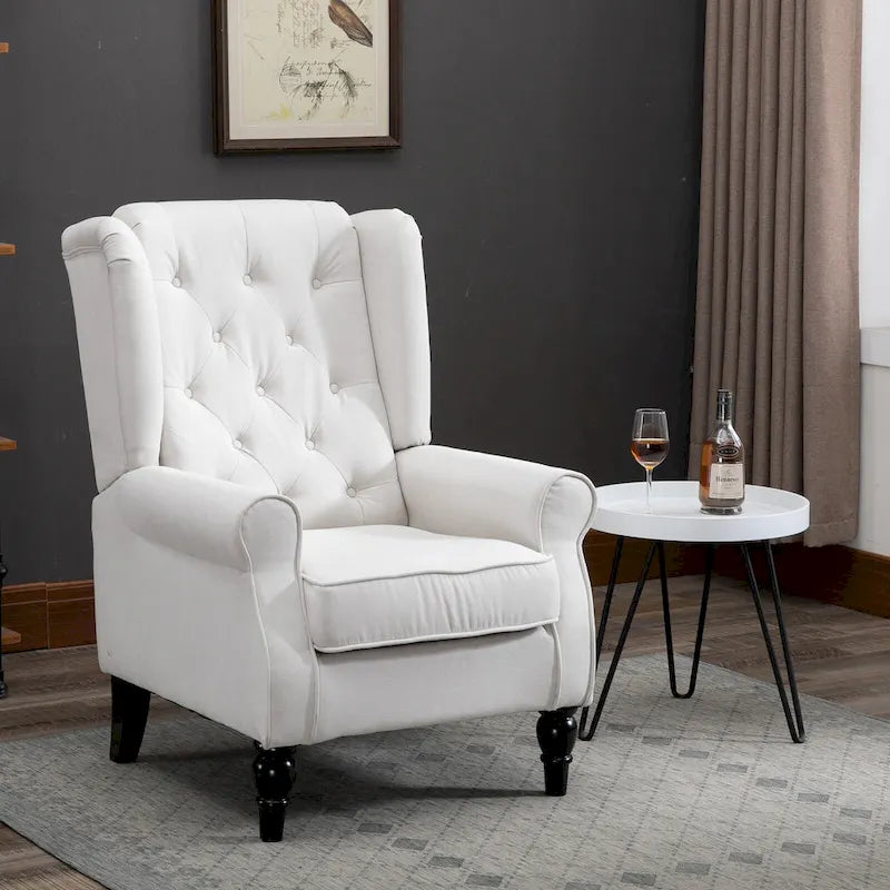 Sillón individual con respaldo alto, capitoné y botones, color blanco crema