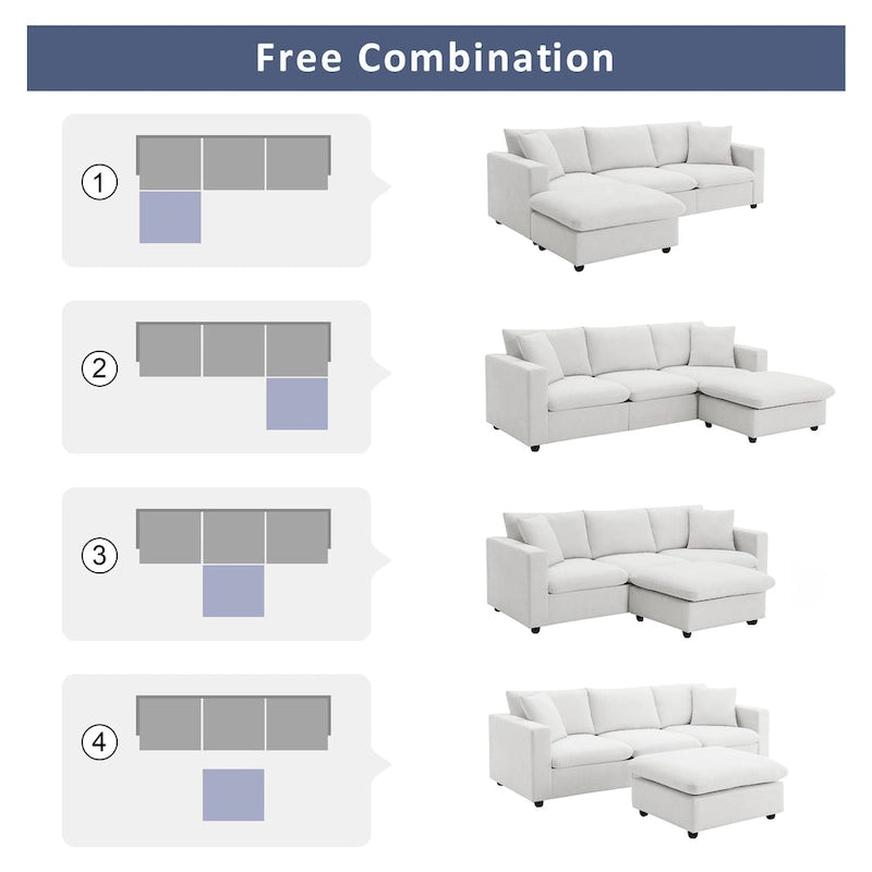 Sofá seccional en L de 4 plazas en gris/negro/blanco/beige con otomana