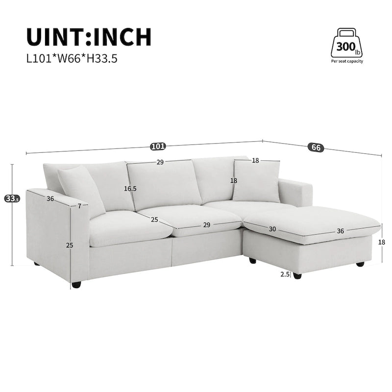 Sofá seccional en L de 4 plazas en gris/negro/blanco/beige con otomana