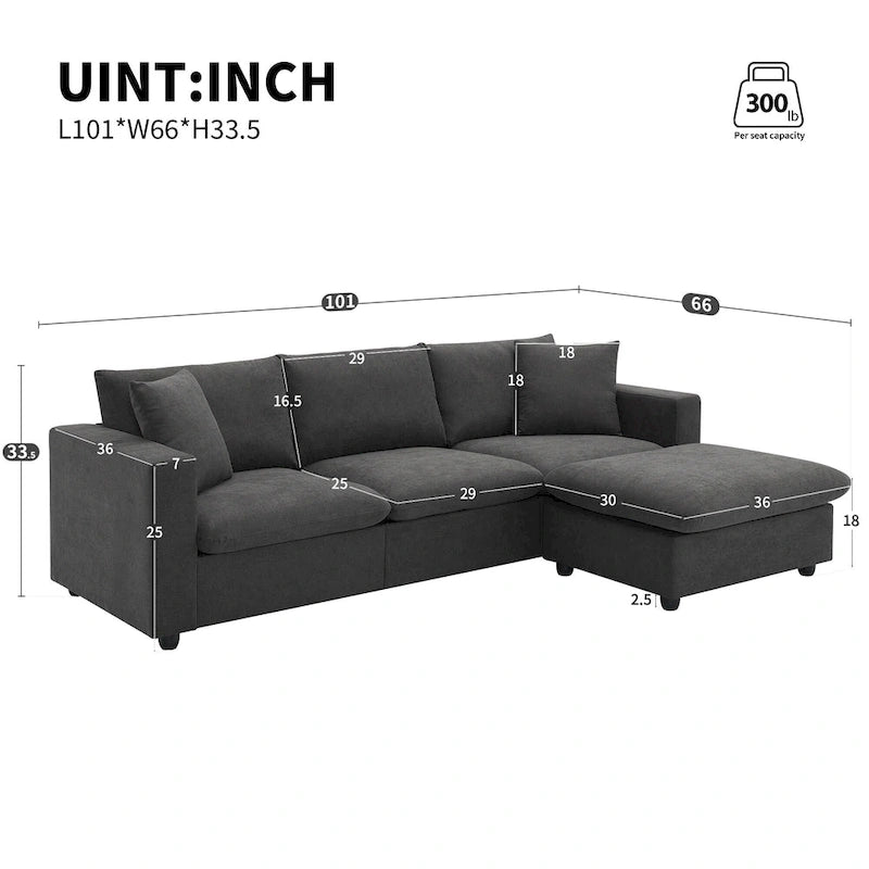 Sofá seccional en L de 4 plazas en gris/negro/blanco/beige con otomana