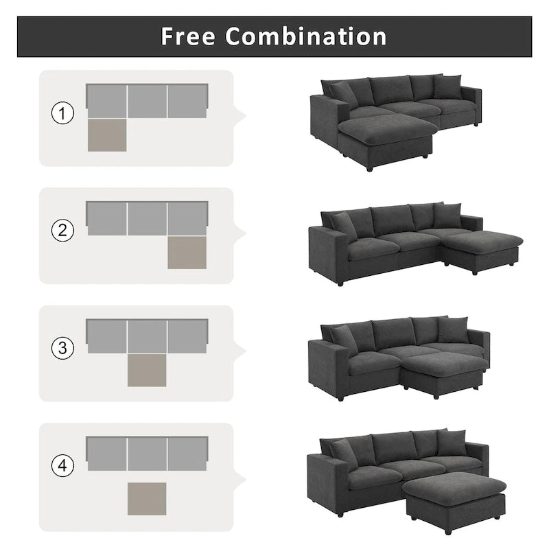 Sofá seccional en L de 4 plazas en gris/negro/blanco/beige con otomana
