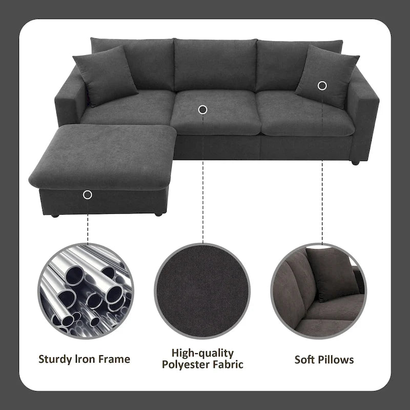 Sofá seccional en L de 4 plazas en gris/negro/blanco/beige con otomana