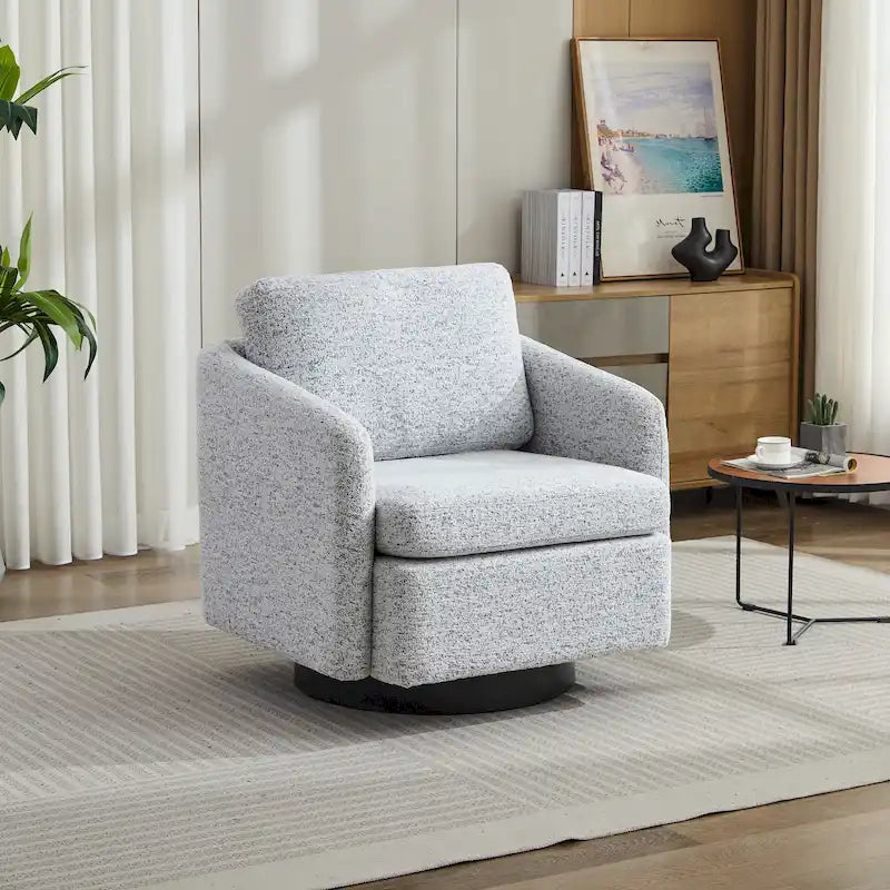 Sillón decorativo giratorio de chenilla blanco y negro de 31.5 pulgadas con estructura de madera maciza