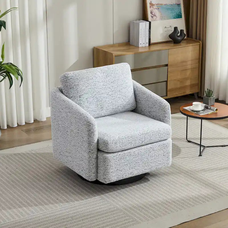 Sillón decorativo giratorio de chenilla blanco y negro de 31.5 pulgadas con estructura de madera maciza
