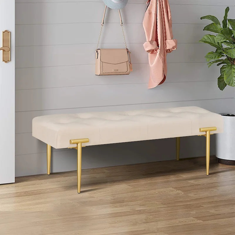 Banco otomano de terciopelo beige y dorado, rectangular, 1 persona