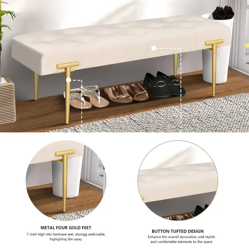 Banco otomano de terciopelo beige y dorado, rectangular, 1 persona