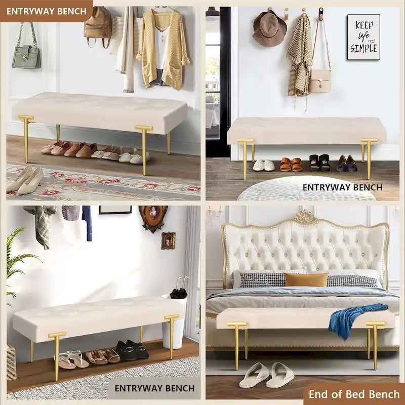 Banco otomano de terciopelo beige y dorado, rectangular, 1 persona