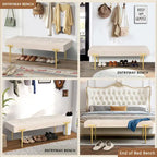 Banco otomano de terciopelo beige y dorado, rectangular, 1 persona