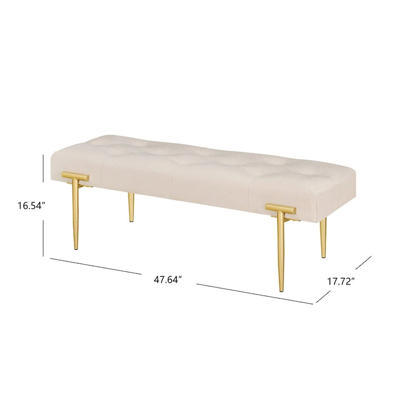 Banco otomano de terciopelo beige y dorado, rectangular, 1 persona