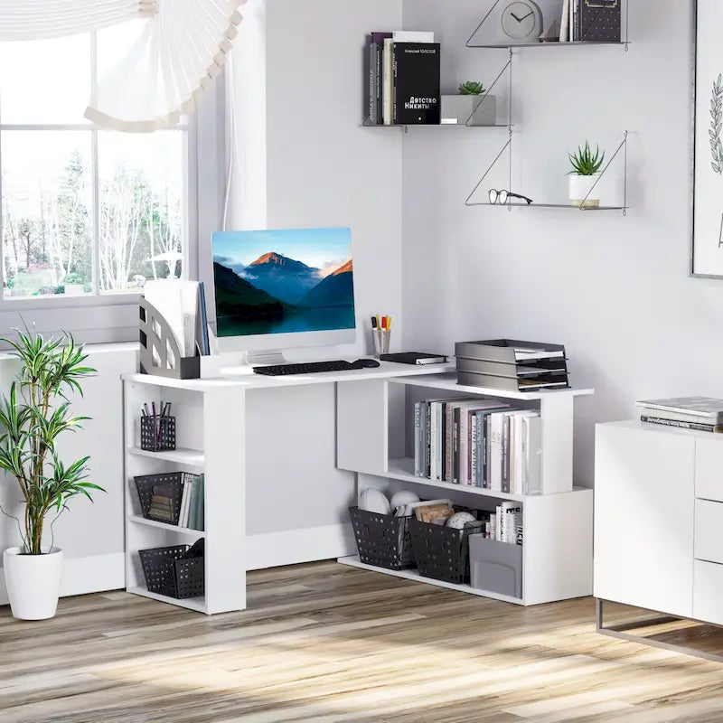 Escritorio de oficina moderno en forma de L para ordenador con soporte giratorio de 360 grados y amplio espacio de almacenamiento para oficinas pequeñas y dormitorios