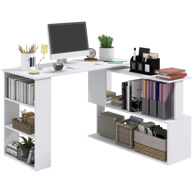 Escritorio de oficina moderno en forma de L para ordenador con soporte giratorio de 360 grados y amplio espacio de almacenamiento para oficinas pequeñas y dormitorios