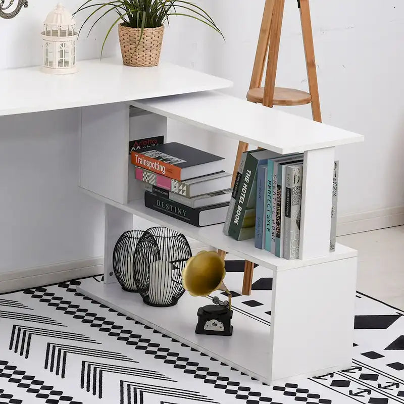 Escritorio de oficina moderno en forma de L para ordenador con soporte giratorio de 360 grados y amplio espacio de almacenamiento para oficinas pequeñas y dormitorios