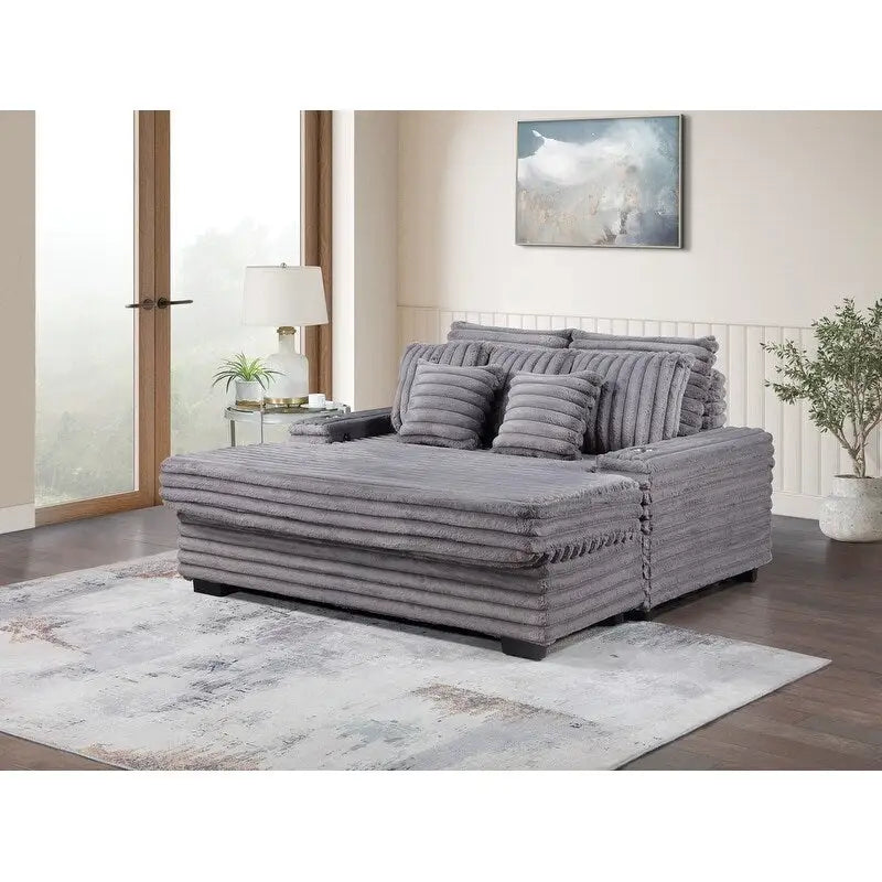 Sofá chaise longue de pana gris / gris claro de una plaza extragrande