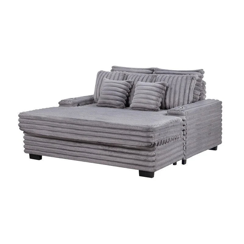Sofá chaise longue de pana gris / gris claro de una plaza extragrande