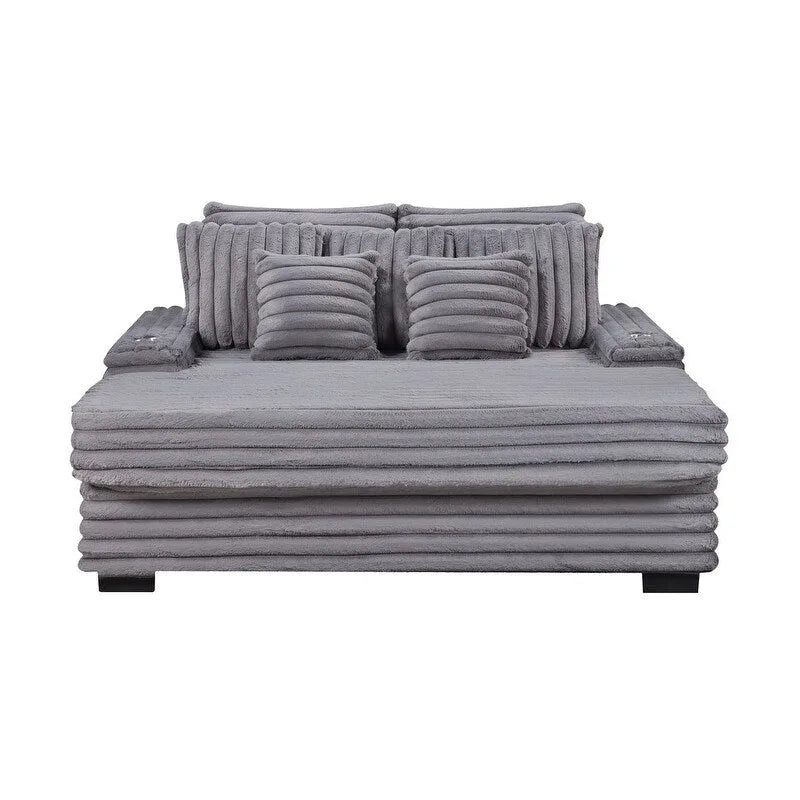 Sofá chaise longue de pana gris / gris claro de una plaza extragrande