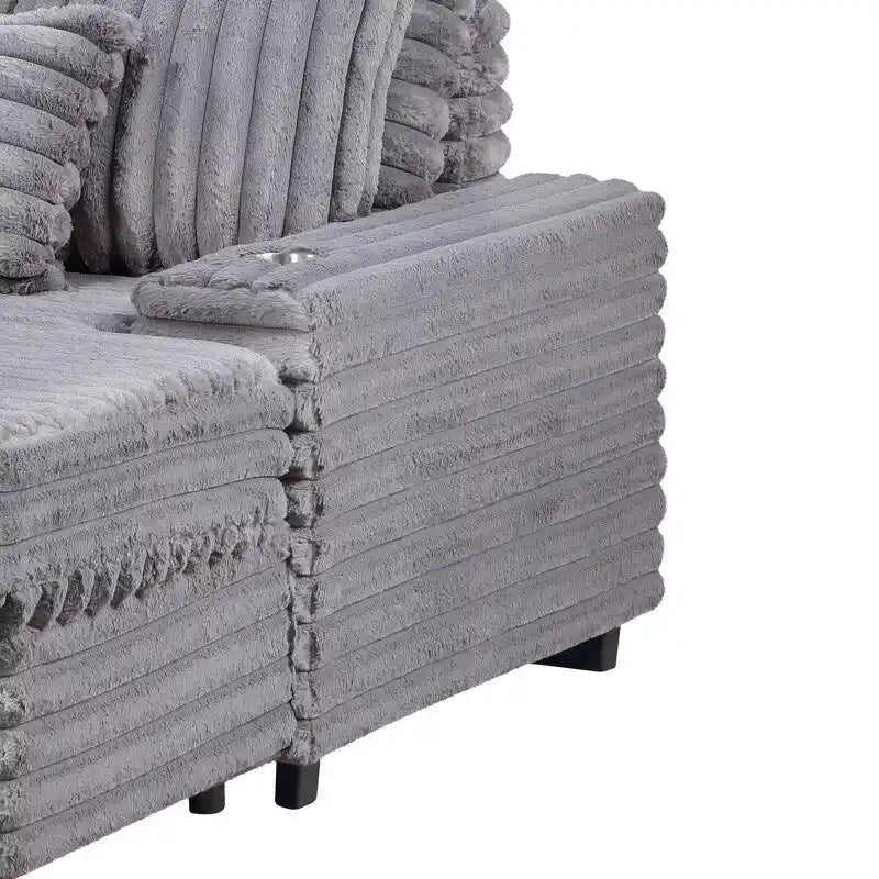 Sofá chaise longue de pana gris / gris claro de una plaza extragrande