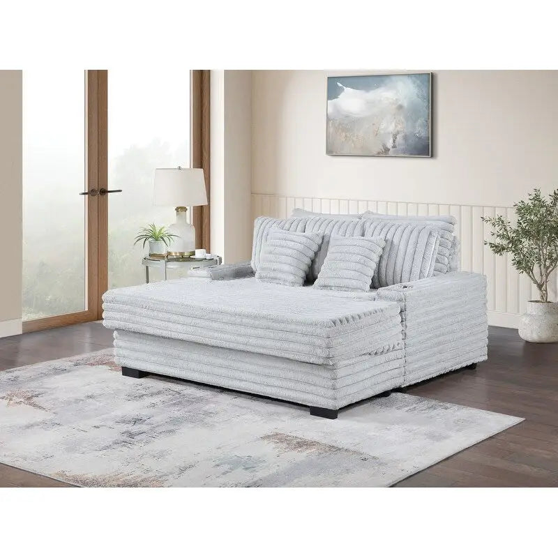 Sofá chaise longue de pana gris / gris claro de una plaza extragrande