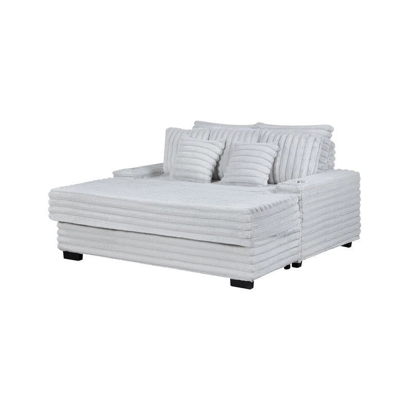 Sofá chaise longue de pana gris / gris claro de una plaza extragrande