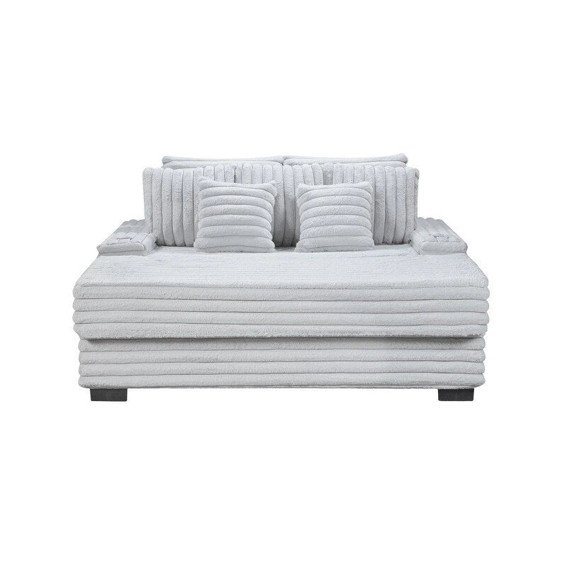 Sofá chaise longue de pana gris / gris claro de una plaza extragrande