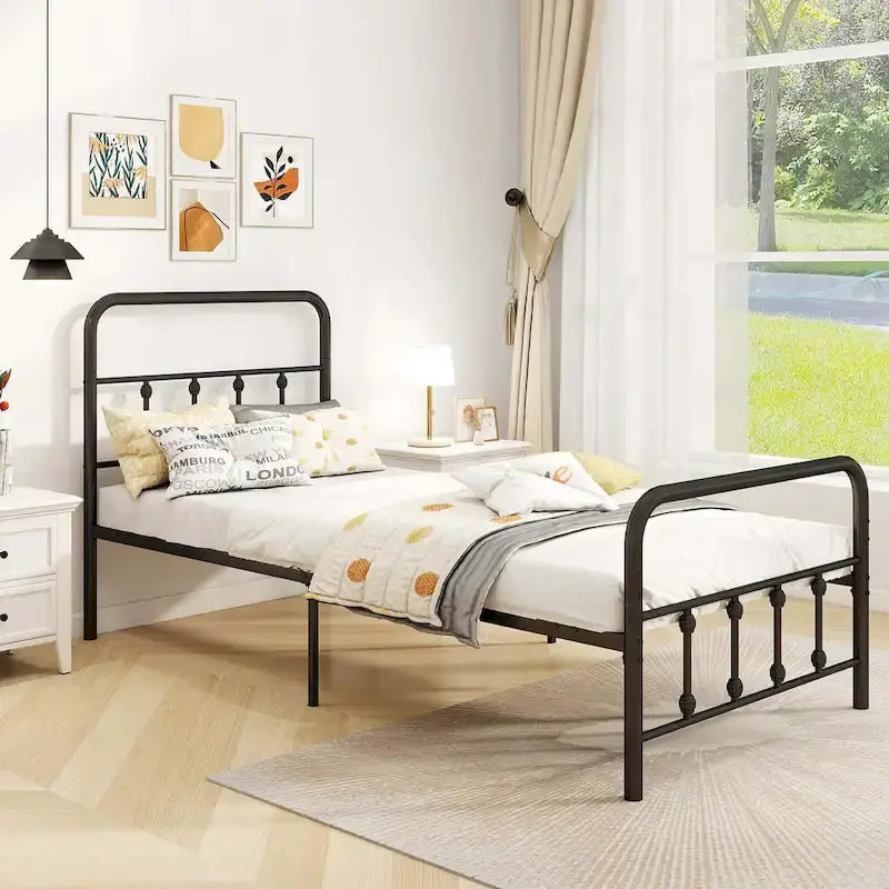 Estructura de Cama de Metal Victoriana Negra con Cabecero, Individual/Matrimonial/Queen/King