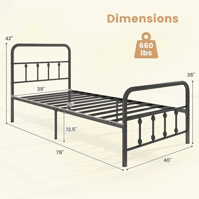 Estructura de Cama de Metal Victoriana Negra con Cabecero, Individual/Matrimonial/Queen/King