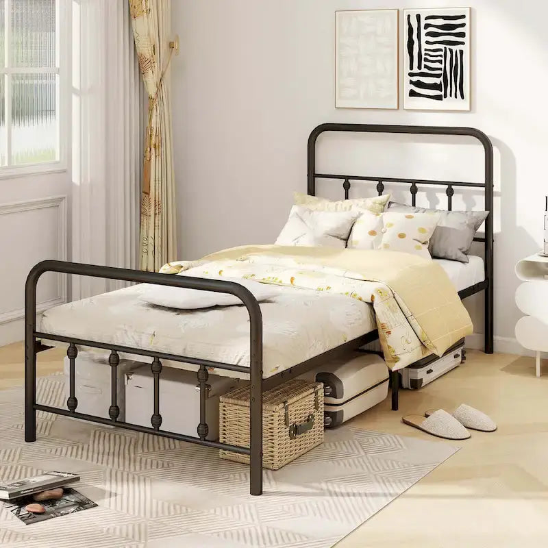 Estructura de Cama de Metal Victoriana Negra con Cabecero, Individual/Matrimonial/Queen/King
