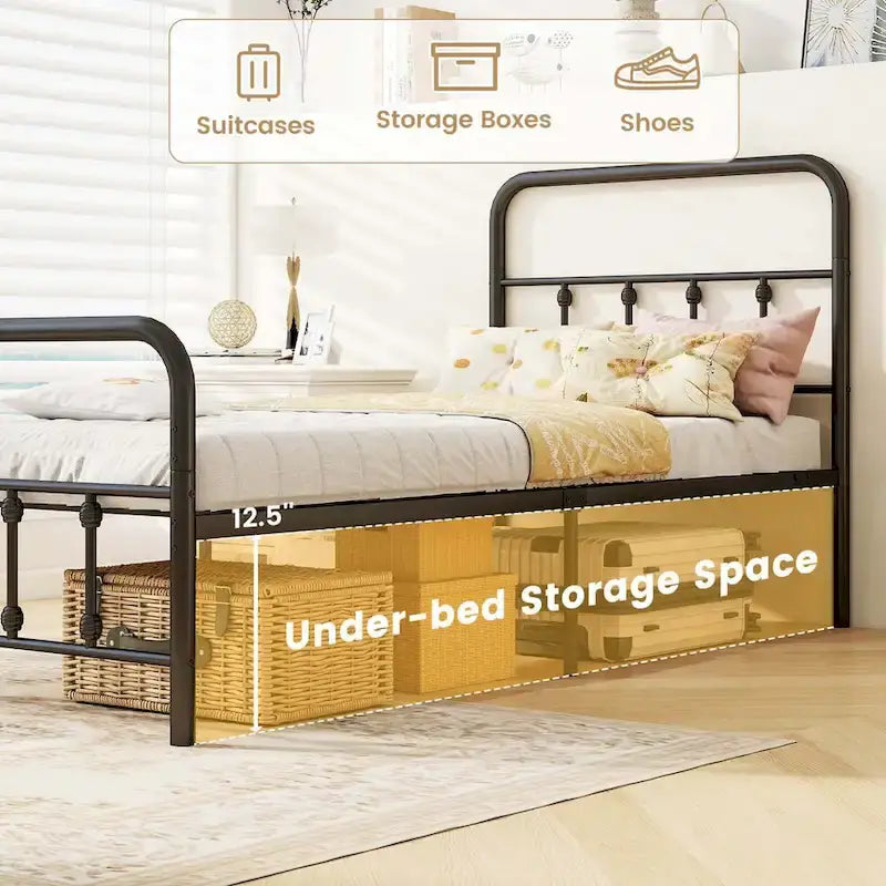 Estructura de Cama de Metal Victoriana Negra con Cabecero, Individual/Matrimonial/Queen/King