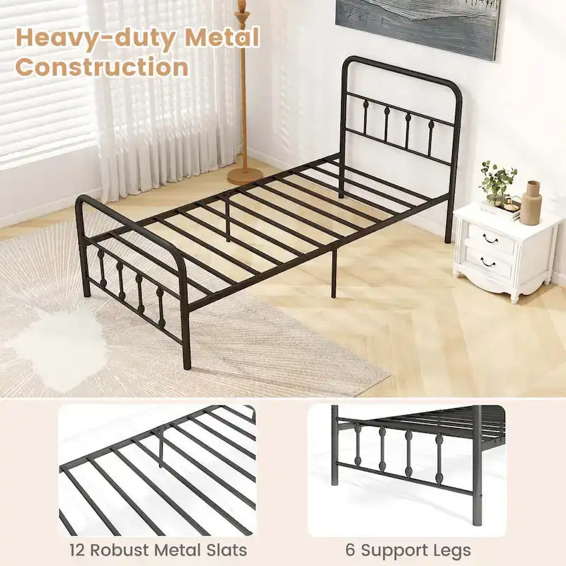 Estructura de Cama de Metal Victoriana Negra con Cabecero, Individual/Matrimonial/Queen/King