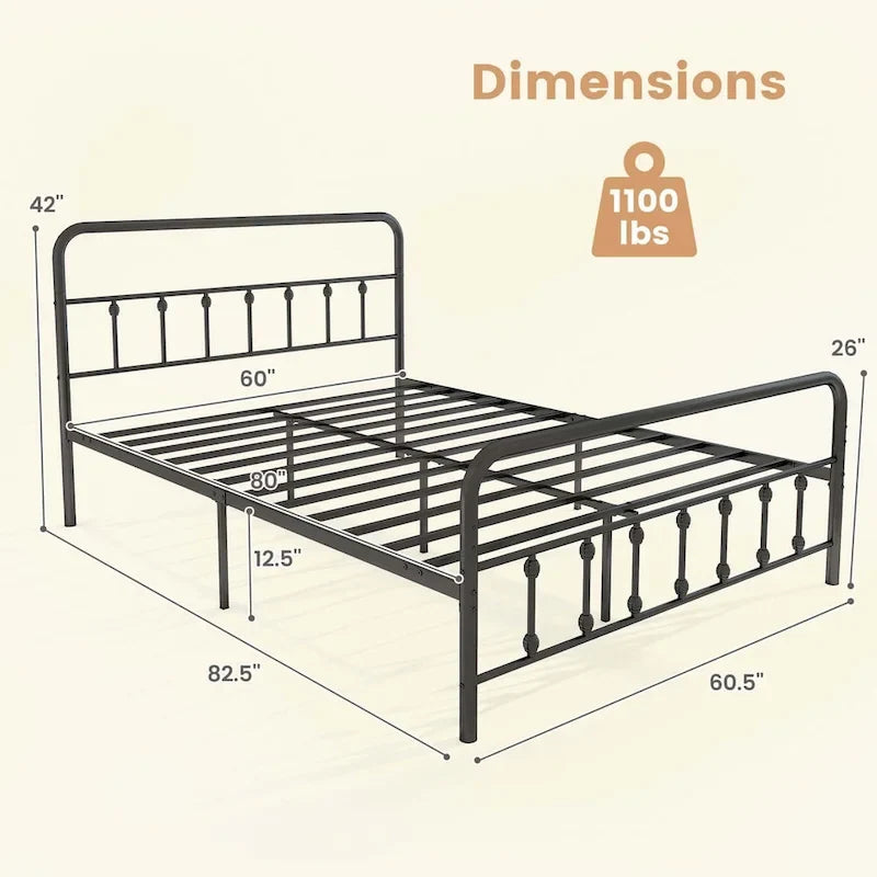 Estructura de Cama de Metal Victoriana Negra con Cabecero, Individual/Matrimonial/Queen/King