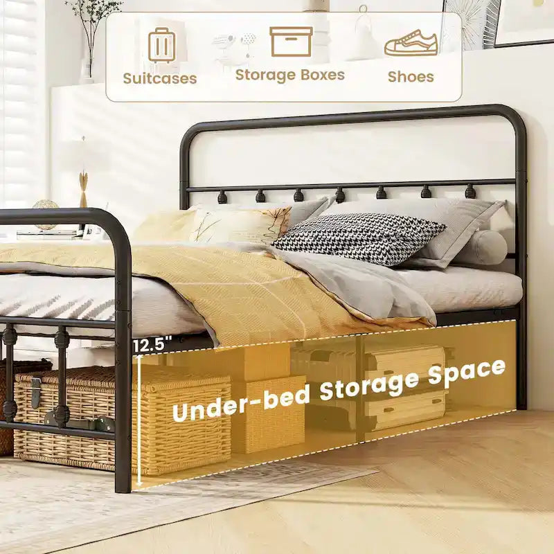 Estructura de Cama de Metal Victoriana Negra con Cabecero, Individual/Matrimonial/Queen/King