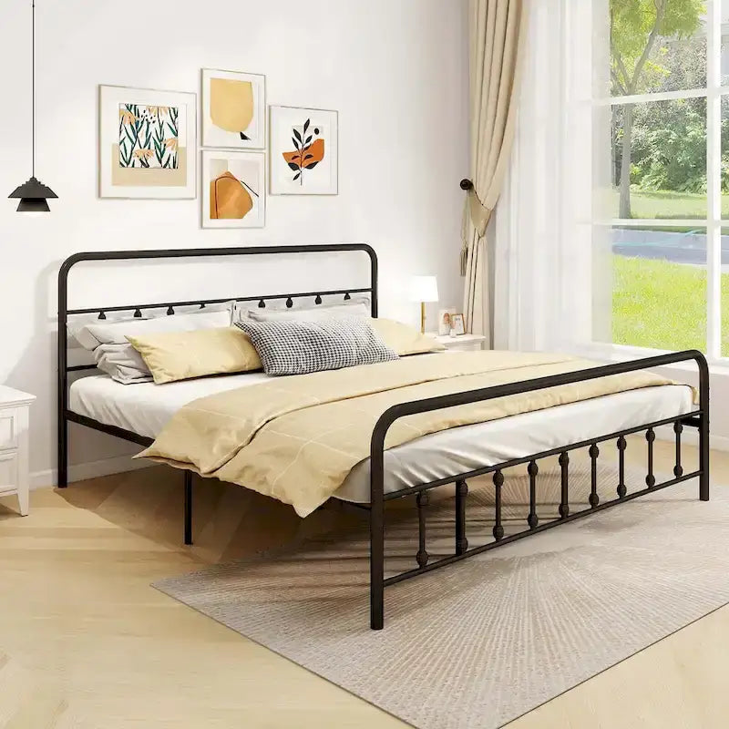 Estructura de Cama de Metal Victoriana Negra con Cabecero, Individual/Matrimonial/Queen/King
