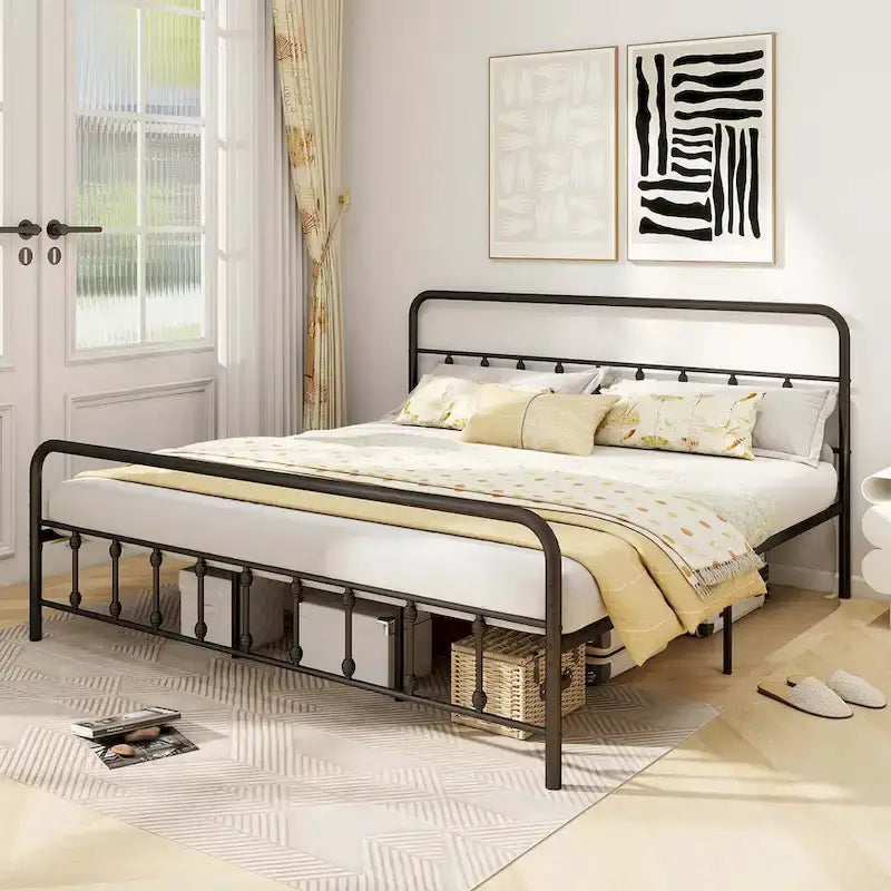 Estructura de Cama de Metal Victoriana Negra con Cabecero, Individual/Matrimonial/Queen/King