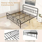 Estructura de Cama de Metal Victoriana Negra con Cabecero, Individual/Matrimonial/Queen/King