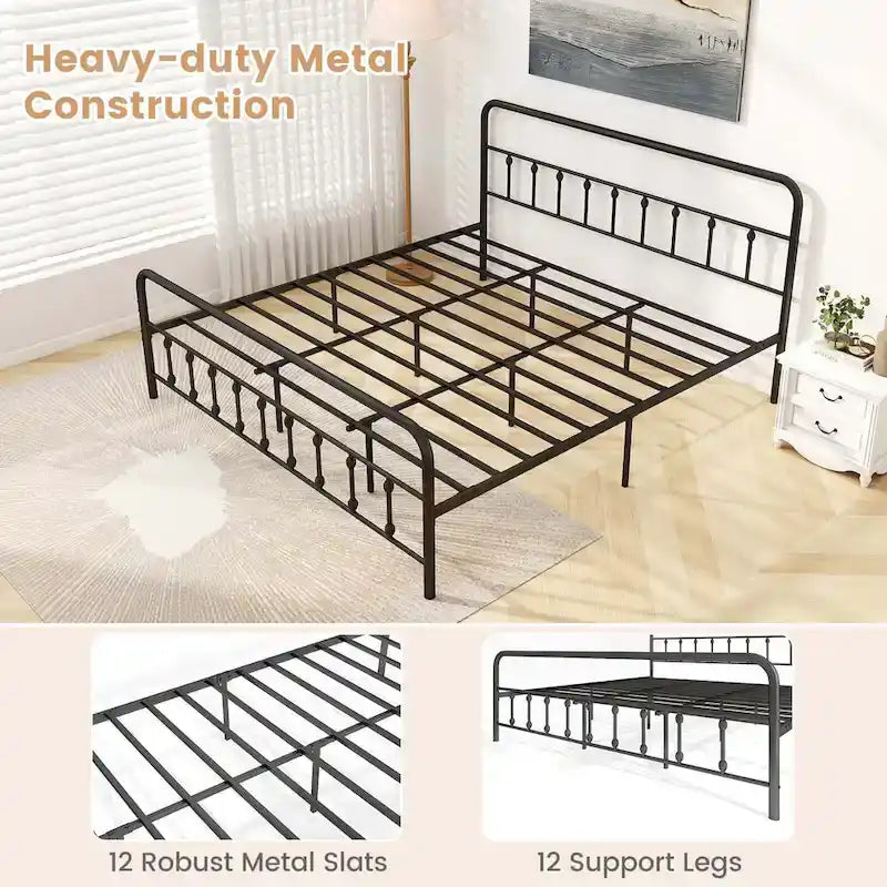 Estructura de Cama de Metal Victoriana Negra con Cabecero, Individual/Matrimonial/Queen/King