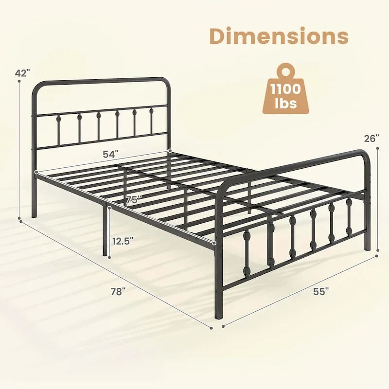 Estructura de Cama de Metal Victoriana Negra con Cabecero, Individual/Matrimonial/Queen/King