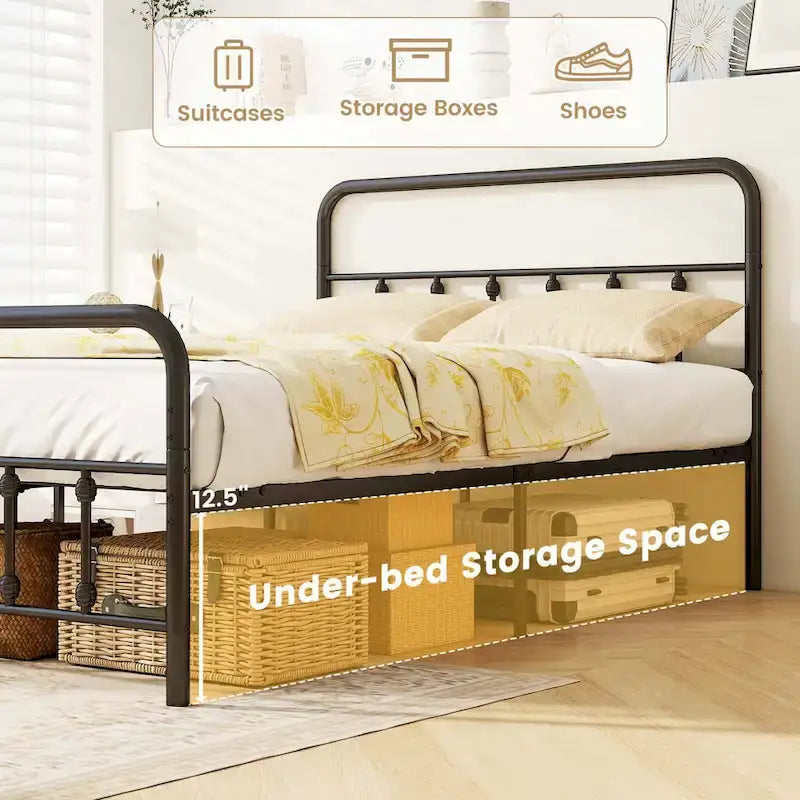 Estructura de Cama de Metal Victoriana Negra con Cabecero, Individual/Matrimonial/Queen/King