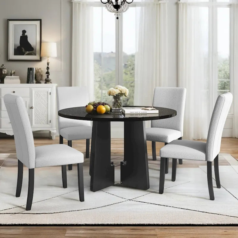 Juego de mesa de comedor redonda de 5 piezas beige/gris y negra, con capacidad para 4 personas