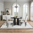 Juego de mesa de comedor redonda de 5 piezas beige/gris y negra, con capacidad para 4 personas