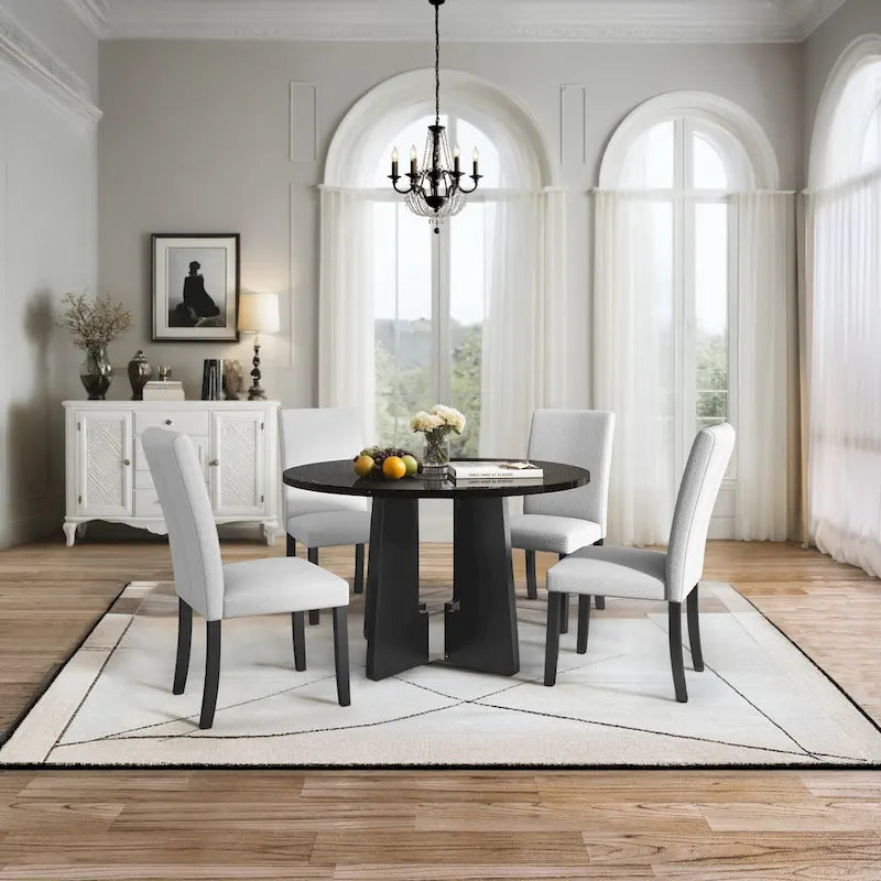 Juego de mesa de comedor redonda de 5 piezas beige/gris y negra, con capacidad para 4 personas