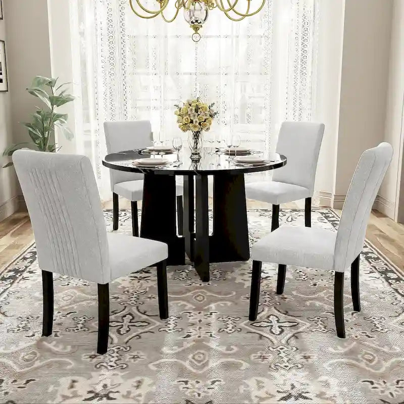 Juego de mesa de comedor redonda de 5 piezas beige/gris y negra, con capacidad para 4 personas