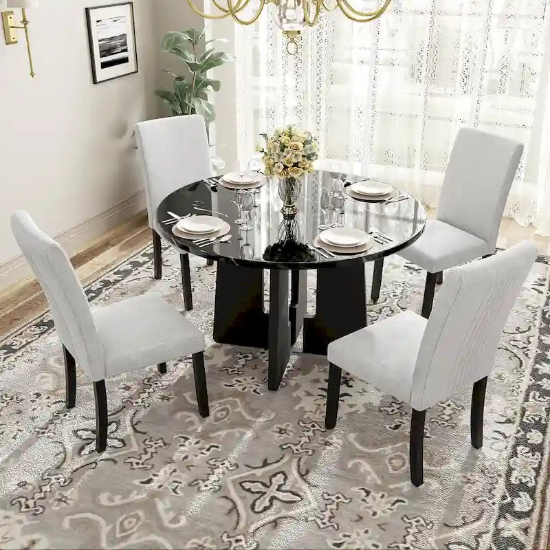 Juego de mesa de comedor redonda de 5 piezas beige/gris y negra, con capacidad para 4 personas