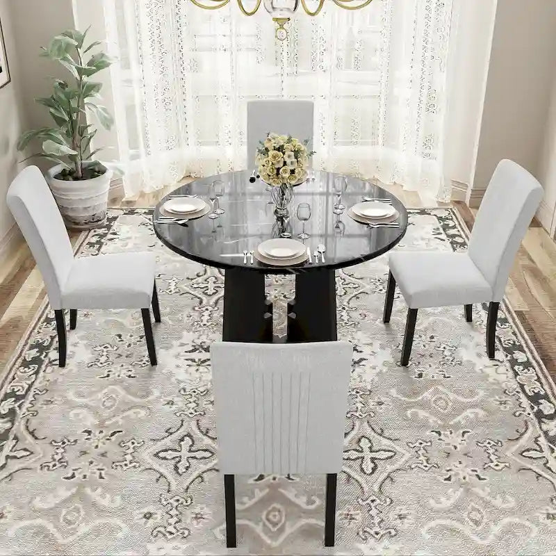 Juego de mesa de comedor redonda de 5 piezas beige/gris y negra, con capacidad para 4 personas