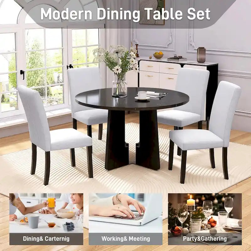 Juego de mesa de comedor redonda de 5 piezas beige/gris y negra, con capacidad para 4 personas