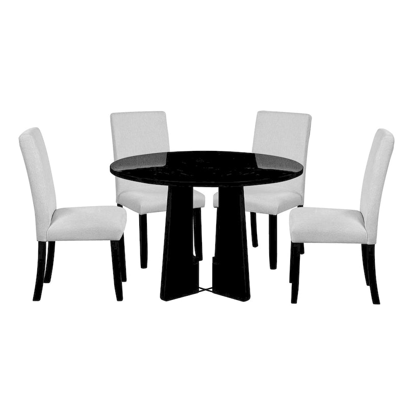 Juego de mesa de comedor redonda de 5 piezas beige/gris y negra, con capacidad para 4 personas